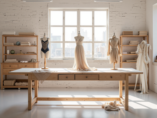 现代化的研发实验室中，科研人员正在测量人体模型数据，墙上挂着各种内衣设计图纸，桌上摆放着测量工具，专业严谨的工作环境