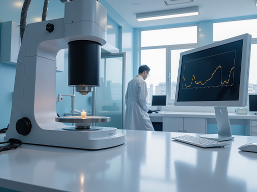 质检实验室中，技术人员正在检测面料的安全性，使用显微镜观察纤维结构，桌上摆放着各种检测报告和证书，体现产品的安全性